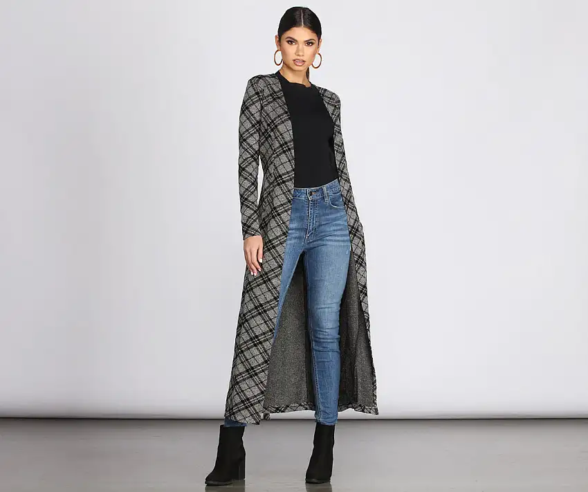 Belted Plaid Knit Duster