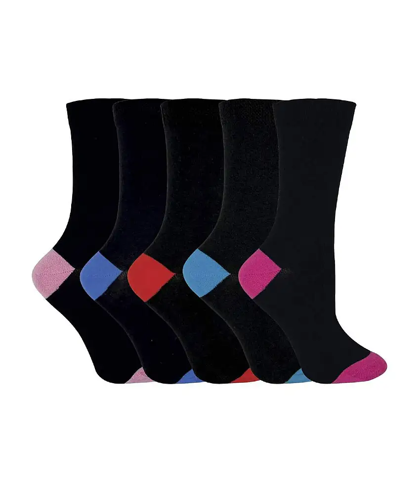 5 Pack Ladies Soft Top Cotton Rich Socks with Coloured Heel & Toe