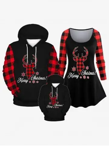 Kids Merry Christmas Plaid Elk Printed Pullover Hoodie - 130