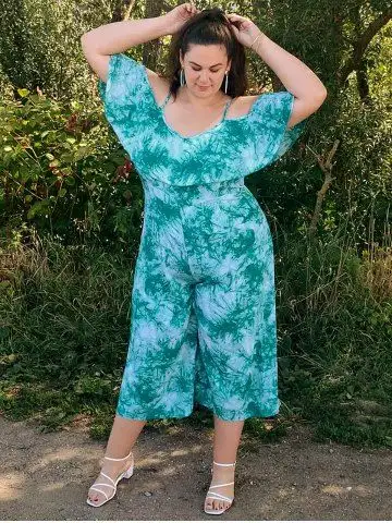 Plus Size & Curve Tie Dye Flounce Cold Shoulder Palazzo Jumpsuit - L
