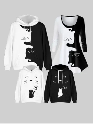 Kids Front Pocket Cartoon Cat Printed Pullover Hoodie - 150