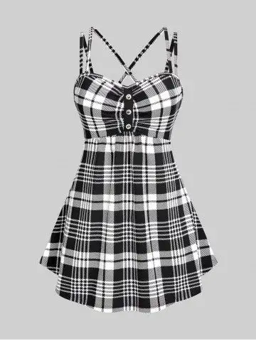 Ruched Crisscross Plaid Plus Size & Curve Tank Top - M | Us 10