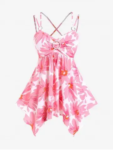 Plus Size Backless Crisscross O-rings Flower Handkerchief Tank Top - M | Us 10