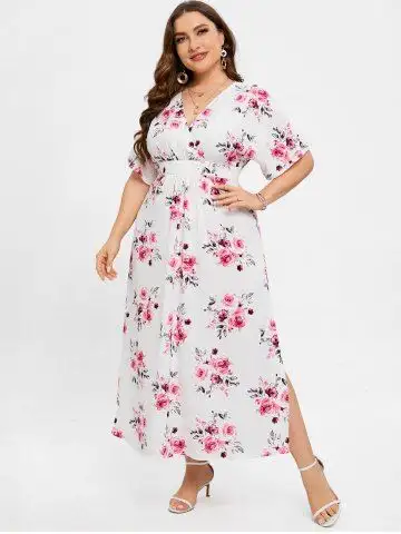 Plus Size 3D Floral Leaves Printed High Waisted Surplice Dress - 3x | Us 22-24