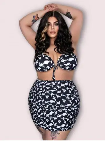 Gothic Ghost Print Halter Ruched Three Piece Bikini Swimsuit - 2x | Us 18-20