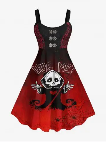 Plus Size Halloween Costume Spider Web Skull Wizard Print Tank Dress - 5x