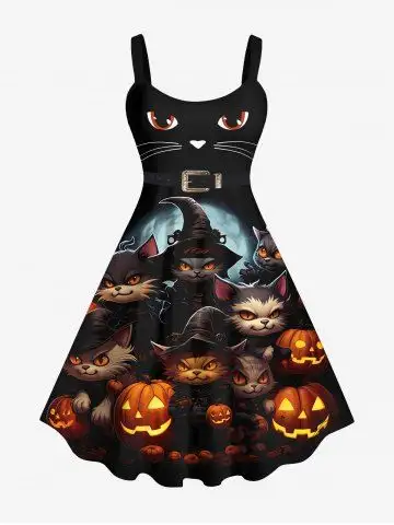 Plus Size Halloween Costume Pumpkin Cat Print Tank Dress - 3x