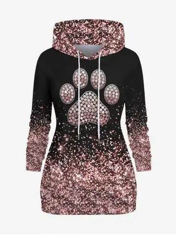 Plus Size Cat Claw Sparkling Sequin Glitter 3D Print Pullover Drawstring Hoodie - M