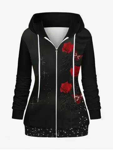 Plus Size Valentine's Day Rose Flowers Butterfly Crystal Colorblock Glitter 3D Print Pockets Zip Up Drawstring Hoodie - Xl