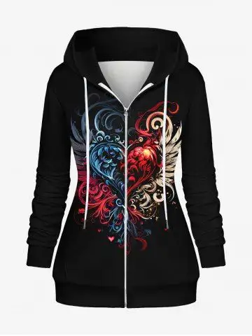Plus Size Wing Heart Flame Phoenix Print Full Zipper Pocket Drawstring Long Sleeves Hoodie - 3xl