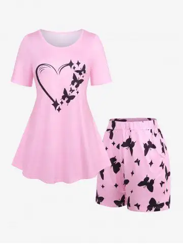 Plus Size Butterfly Heart Stars Print Shorts Pajama Set - M | Us 10