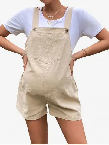 Plus Size Buttons Adjustable Waist Front Pocket Maternity Rompers - S