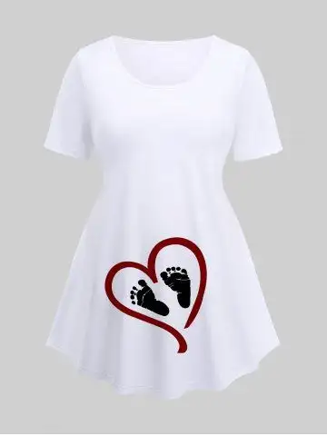 Plus Size Baby Footprint Heart Print Maternity T-shirt - 2x