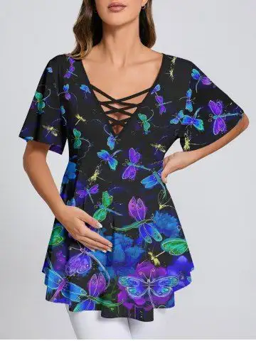Plus Size Flower Dragonfly Print Printed Lattice Crisscross Flare Sleeve Maternity T-shirt - 2x