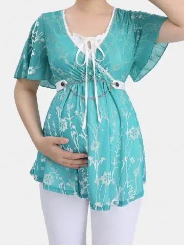 Plus Size Floral Flocking Mesh Bowknot Button Chains Panel Surplice Ruched Ruffles Lace Trim Tie 2 in 1 Maternity Top - 3x | Us 22-24