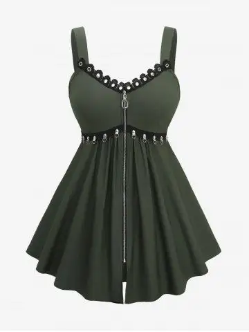 Plus Size Zipper Grommet Trim Hook and Eye Solid Backless Tank Top - M | Us 10