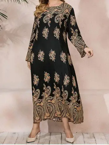 Plus Size Baroque Print Braid Belted High Waisted Long Sleeve A Line Maxi Dress - 3xl