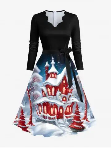 Plus Size Christmas Tree Castle Snow Stars Ombre Galaxy Print Scalloped Neck A Line Dress with Tied Belt - 3xl