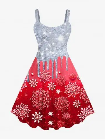 Plus Size Christmas Snowflake Sparkling Sequin Paint Drop 3D Print Tank Dress - Xs