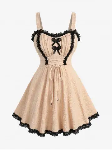 Plus Size Bowknot Lace Trim Lace-up Two Tone Textured Tank Top - 2x | Us 18-20