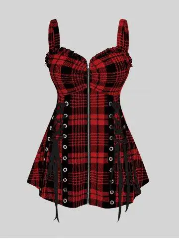Plus Size & Curve Lace Up Full Zipper Plaid Tank Top - M | Us 10