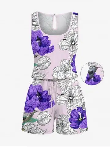 Plus Size Two Tone Floral Print Hawaii Drawstring Pocket Romper - L