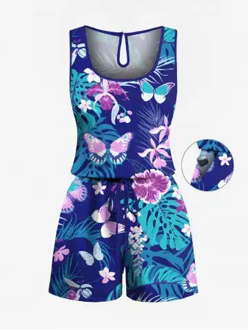 Plus Size Butterfly Hibiscus Flowers Tropical Leaf Print Cinched Hawaii Romper - 1x