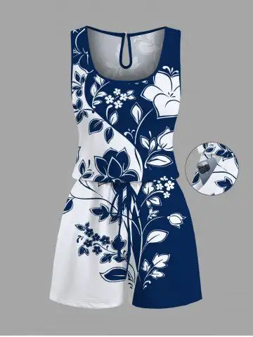 Plus Size Two Tone Floral Branch Curve Print Hawaii Drawstring Pocket Romper - 3x