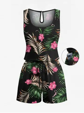 Plus Size Tropical Leaves Floral Print Hawaii Drawstring Pocket Romper - S