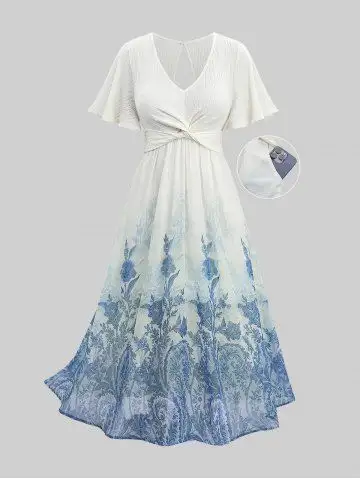 Plus Size Blue And White Porcelain Flowers Print Twist Hollow Out Back Ruffles Dress - 3x | Us 22-24