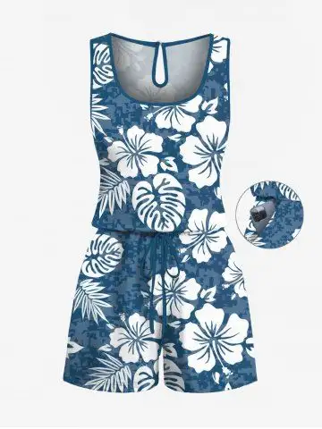Plus Size Tropical Leaves Hibiscus Floral Print Hawaii Drawstring Pocket Romper - 1x