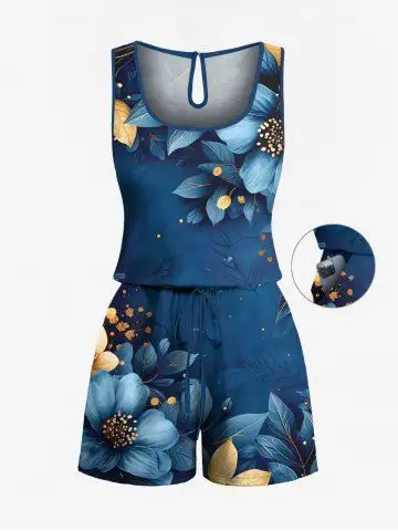 Plus Size Two Tone Hibiscus Flower Leaf Galaxy Print Hawaii Drawstring Pocket Romper - Xs