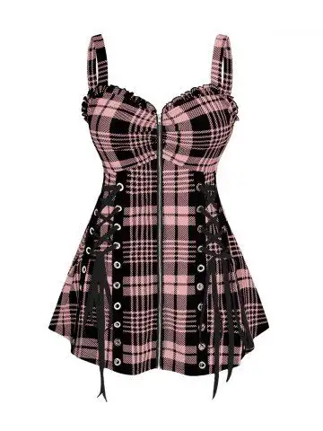 Plus Size & Curve Lace Up Full Zipper Plaid Tank Top - L | Us 12