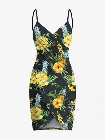 Plus Size Tropical Leaf Hibiscus Flower Pineapple Print Hawaii Convertible Beach Cover Up - 2x