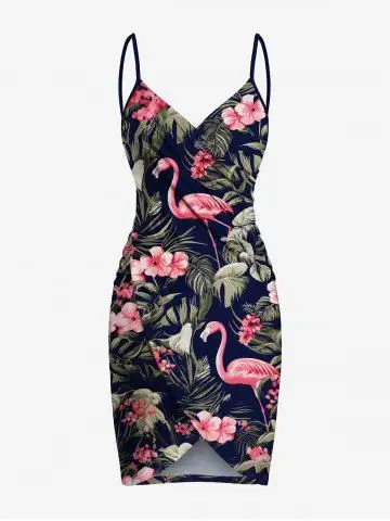 Plus Size Tropical Leaf Hibiscus Flower Flamingo Print Hawaii Convertible Beach Cover Up - 5x