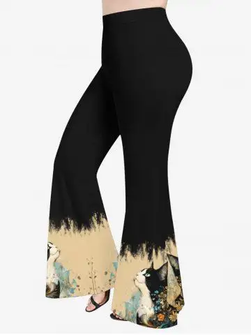 Plus Size Cat Flower Print Flare Pants - 4x