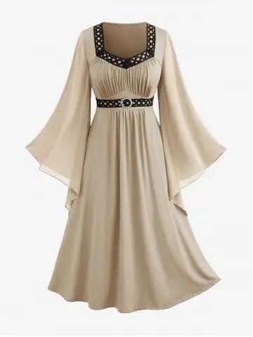 Plus Size Bell Sleeves Ruched Braided Buckle Belted A Line Renaissance Midi Dress - 1x | Us 14-16