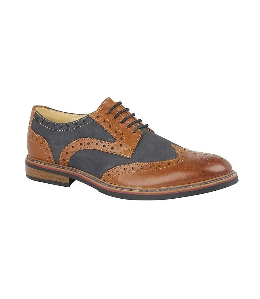 Mens 5 Eye Brogue Laced Nubuck Leather Shoe Dark Tan Navy Roamers