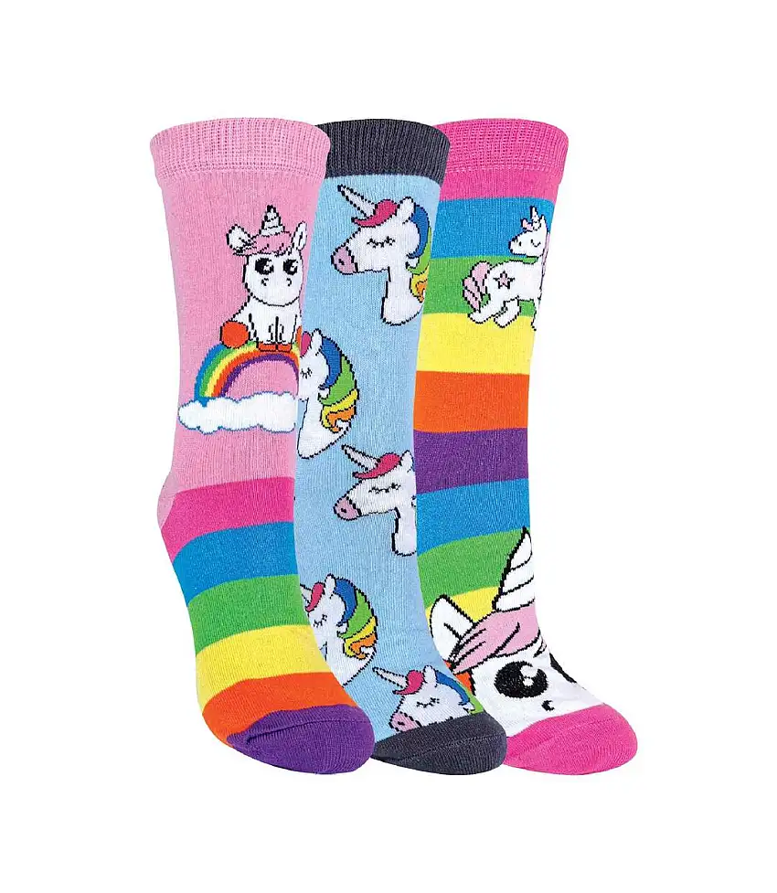 3 Pack Ladies Striped Colourful Novelty Rainbow Unicorn Socks