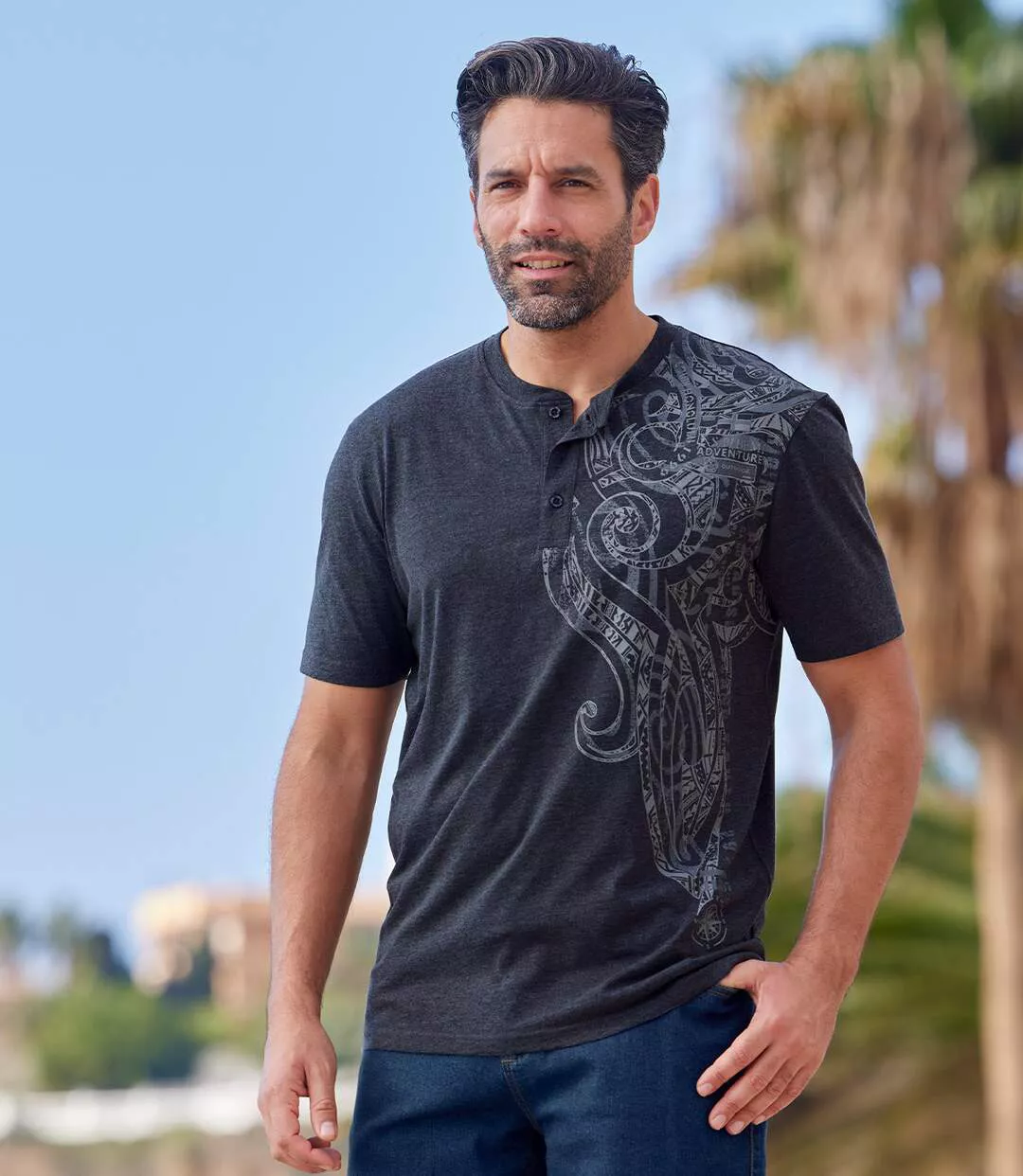 Pack of 2 Men's Button-Up Maori Print T-Shirts - Yellow Turquoise