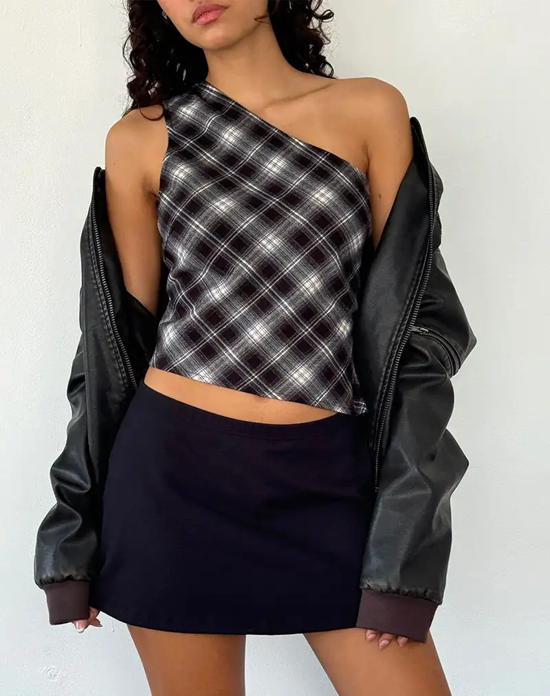 Harini One Shoulder Top in Black White Check