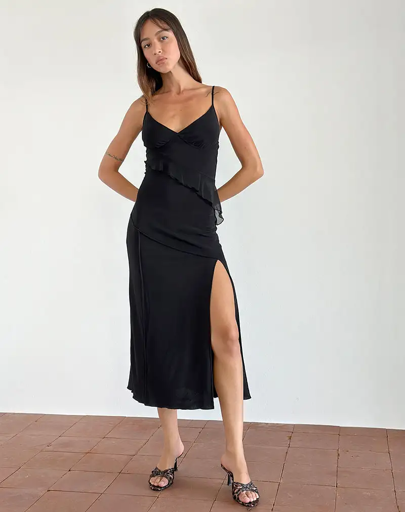 Jacy Ruffle Midi Dress in Mesh Black