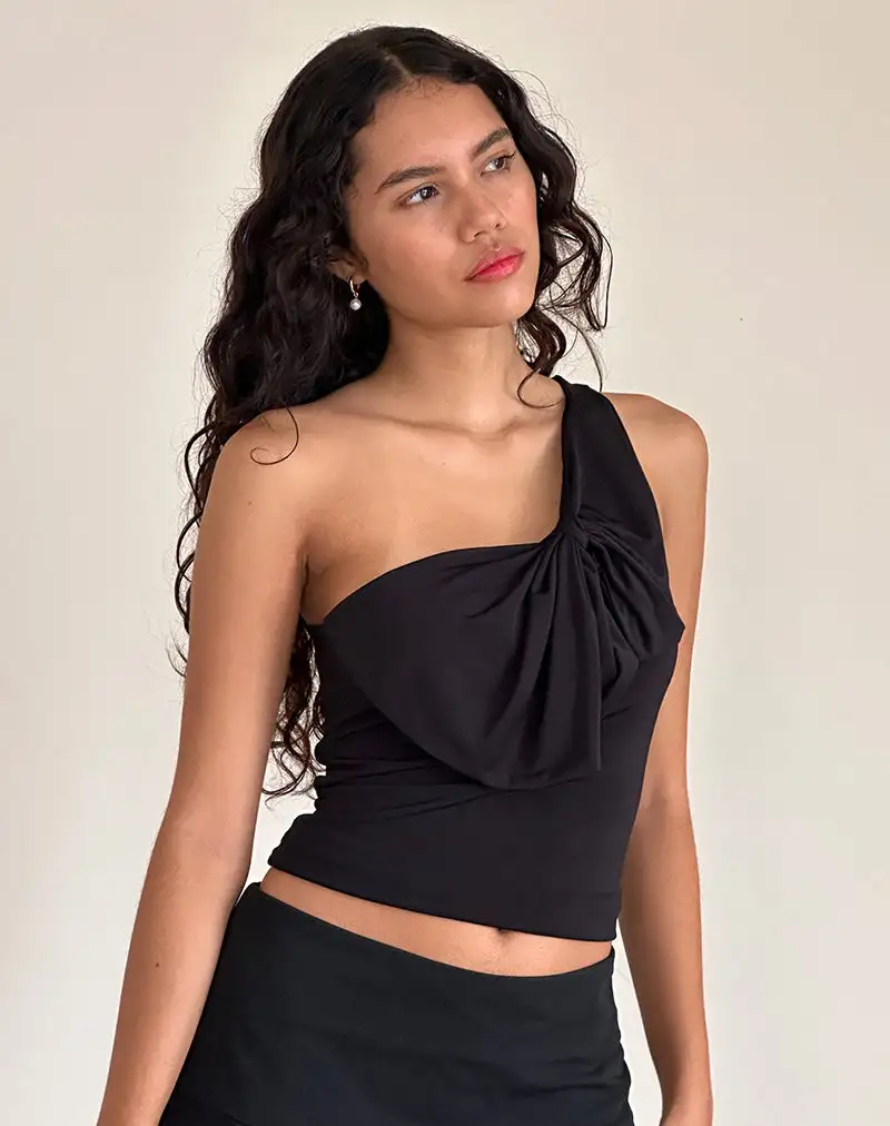 Jovie One Shoulder Slinky Bow Top in Black