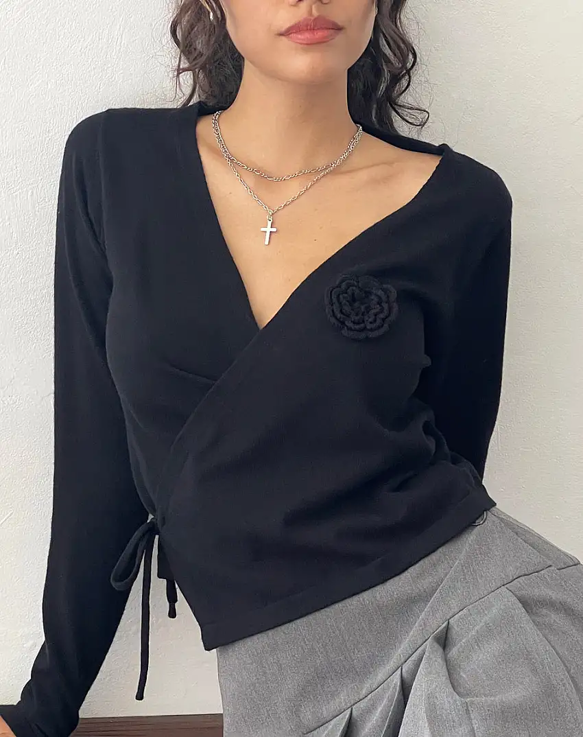Zelda Knitted Wrap Cardigan in Black with Rosette